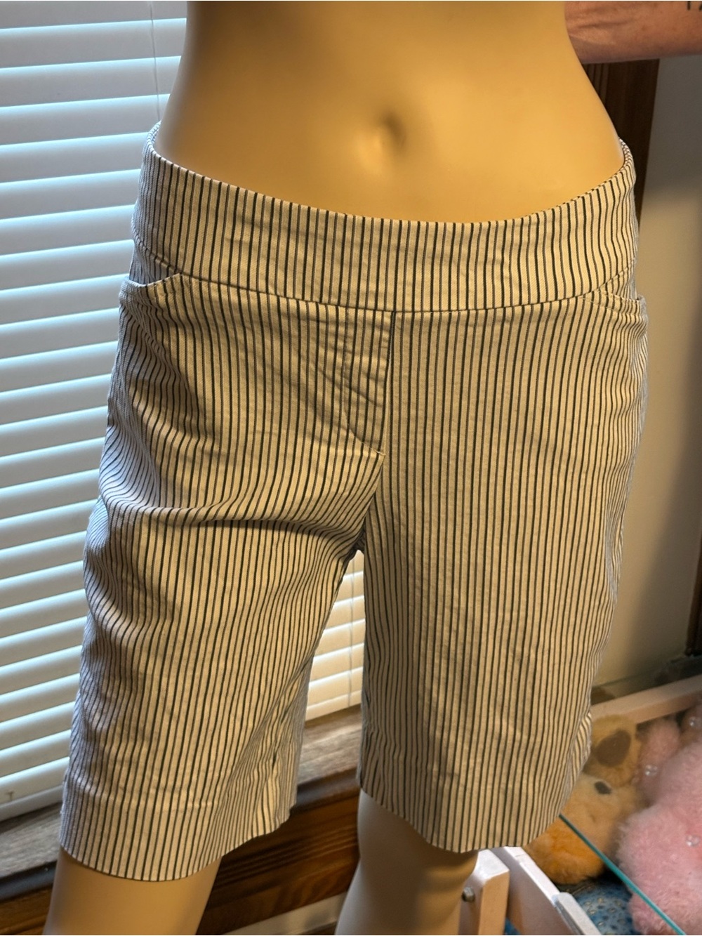 Striped High-Waist Bermuda Shorts in Cream and Navy